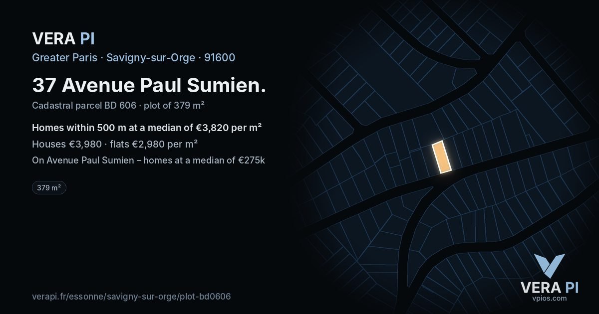 37 Avenue Paul Sumien, Savigny-sur-Orge at night – the plot lit, the parcels around coloured by the prices near them