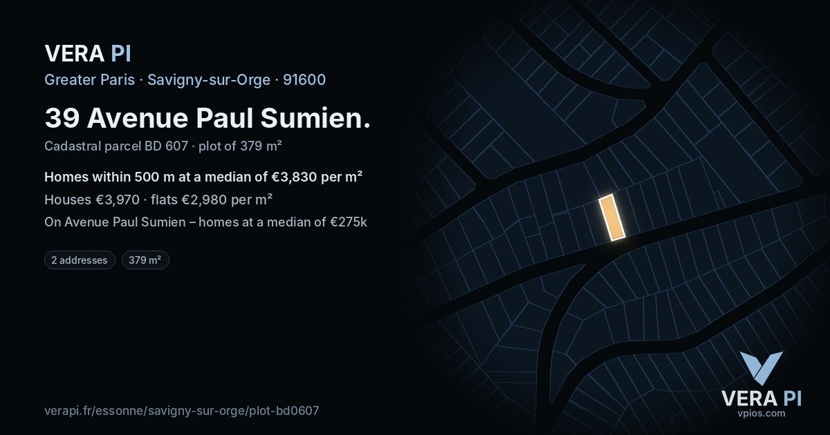 39 Avenue Paul Sumien, Savigny-sur-Orge at night – the plot lit, the parcels around coloured by the prices near them