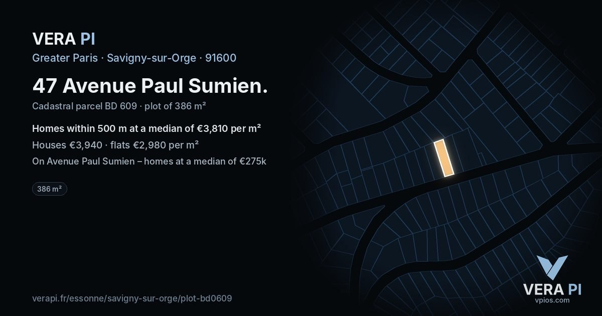 47 Avenue Paul Sumien, Savigny-sur-Orge at night – the plot lit, the parcels around coloured by the prices near them