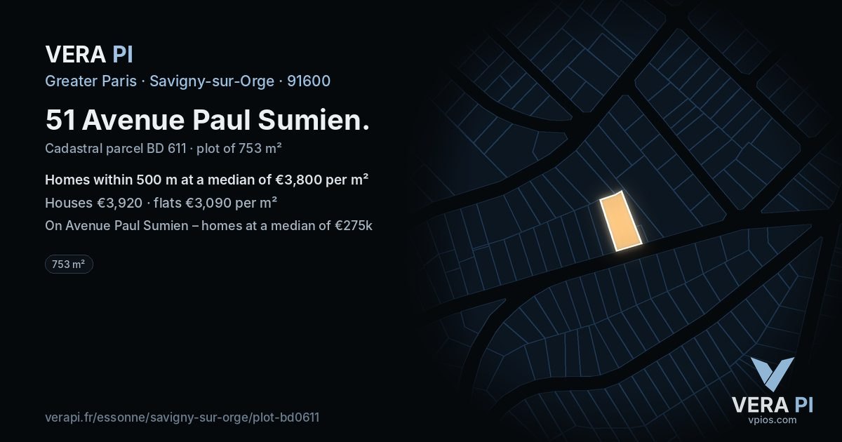 51 Avenue Paul Sumien, Savigny-sur-Orge at night – the plot lit, the parcels around coloured by the prices near them