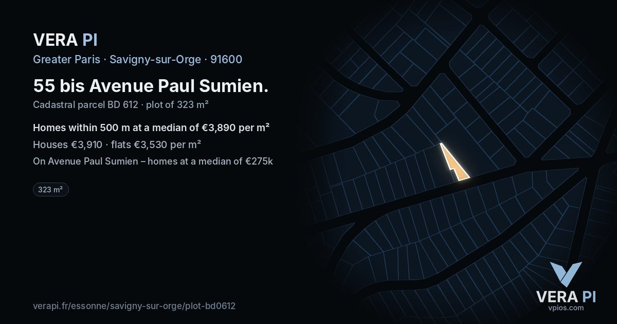 55 bis Avenue Paul Sumien, Savigny-sur-Orge at night – the plot lit, the parcels around coloured by the prices near them