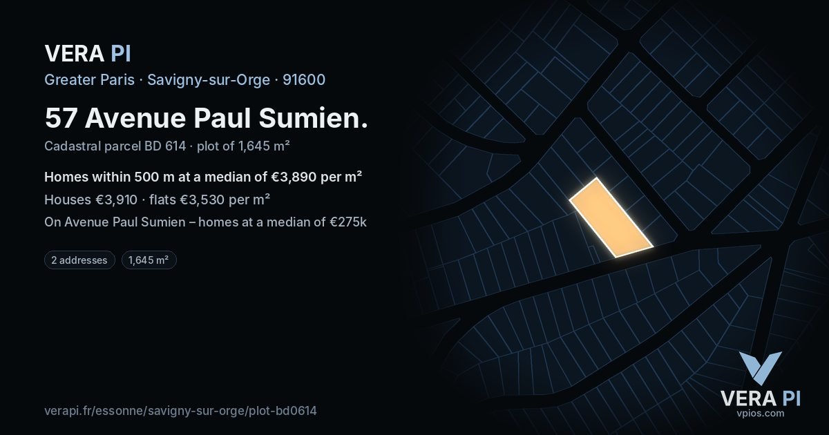 57 Avenue Paul Sumien, Savigny-sur-Orge at night – the plot lit, the parcels around coloured by the prices near them
