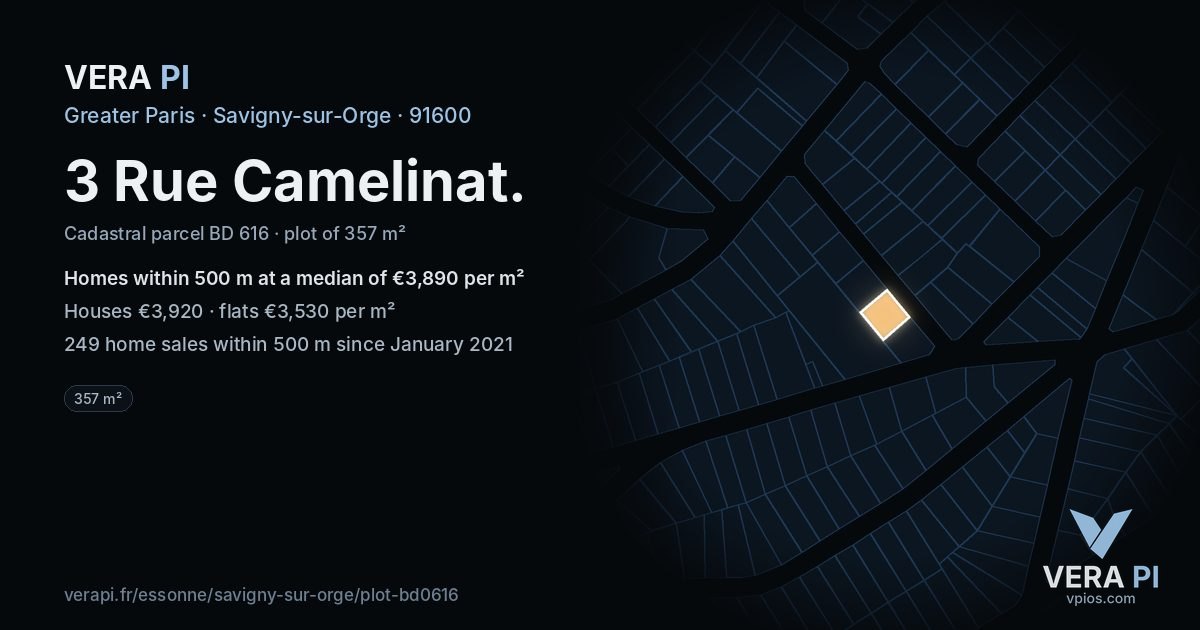 3 Rue Camelinat, Savigny-sur-Orge at night – the plot lit, the parcels around coloured by the prices near them