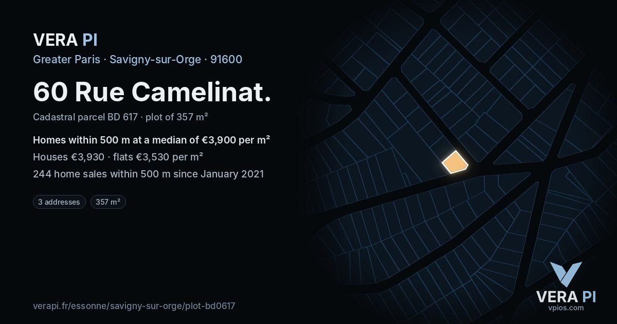 60 Rue Camelinat, Savigny-sur-Orge at night – the plot lit, the parcels around coloured by the prices near them