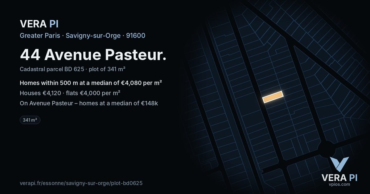 44 Avenue Pasteur, Savigny-sur-Orge at night – the plot lit, the parcels around coloured by the prices near them
