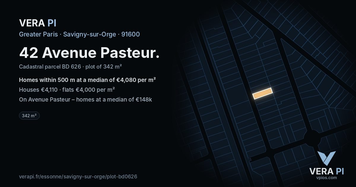 42 Avenue Pasteur, Savigny-sur-Orge at night – the plot lit, the parcels around coloured by the prices near them