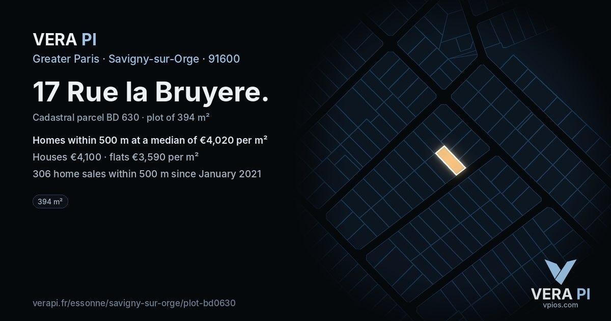 17 Rue la Bruyere, Savigny-sur-Orge at night – the plot lit, the parcels around coloured by the prices near them
