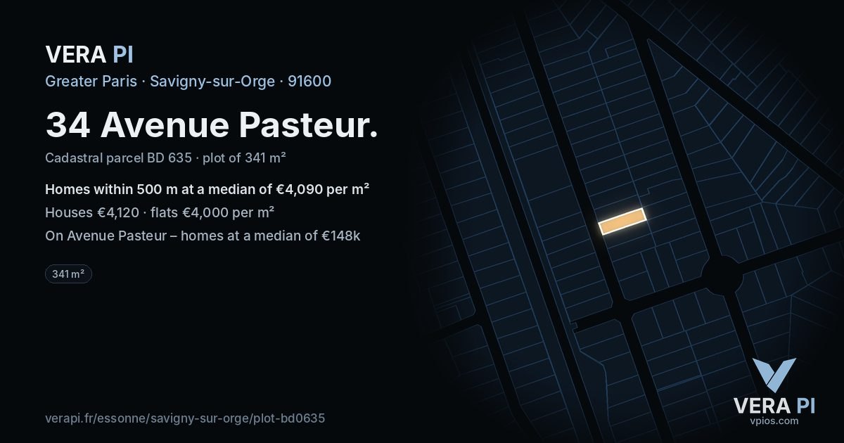 34 Avenue Pasteur, Savigny-sur-Orge at night – the plot lit, the parcels around coloured by the prices near them
