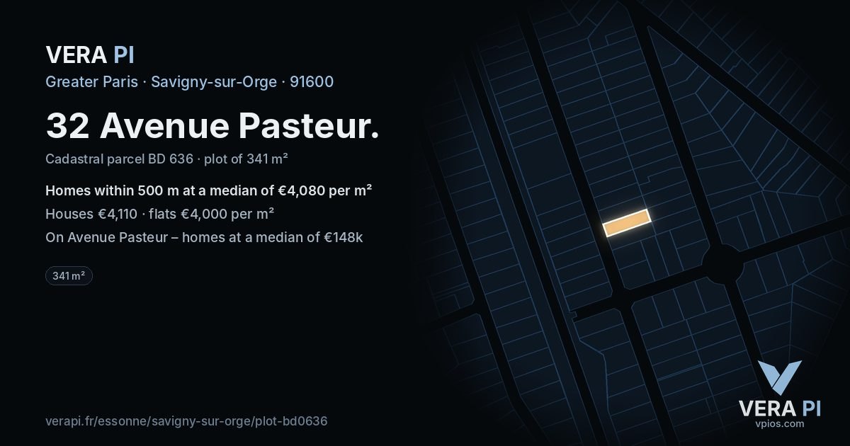 32 Avenue Pasteur, Savigny-sur-Orge at night – the plot lit, the parcels around coloured by the prices near them