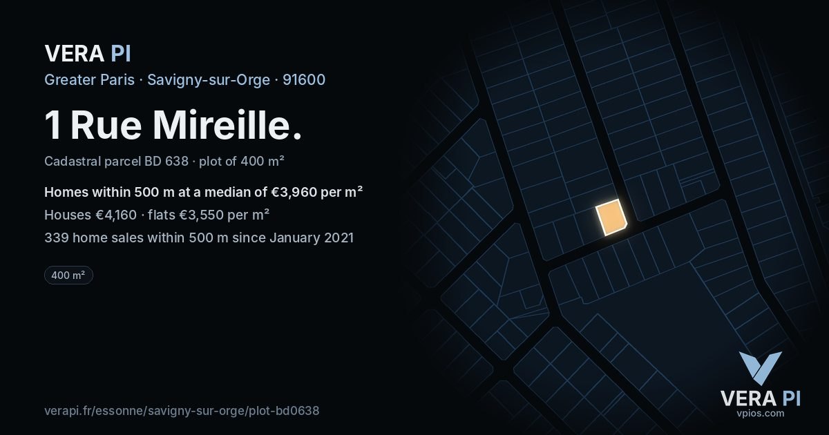 1 Rue Mireille, Savigny-sur-Orge at night – the plot lit, the parcels around coloured by the prices near them