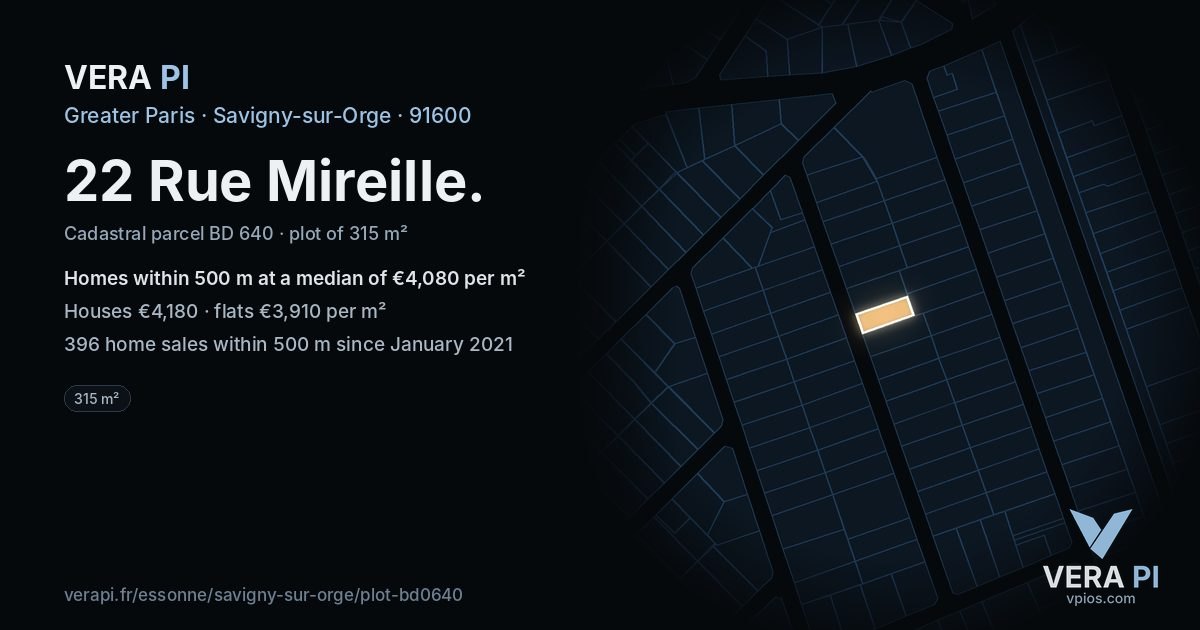 22 Rue Mireille, Savigny-sur-Orge at night – the plot lit, the parcels around coloured by the prices near them