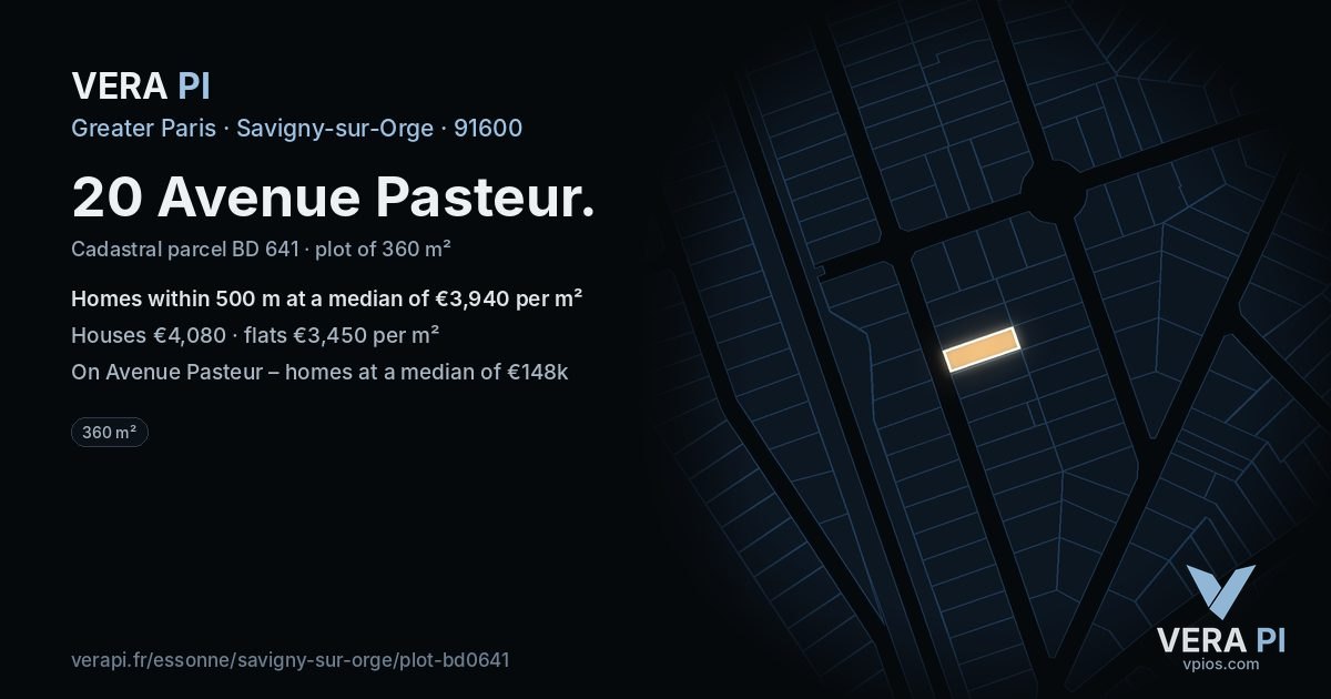 20 Avenue Pasteur, Savigny-sur-Orge at night – the plot lit, the parcels around coloured by the prices near them