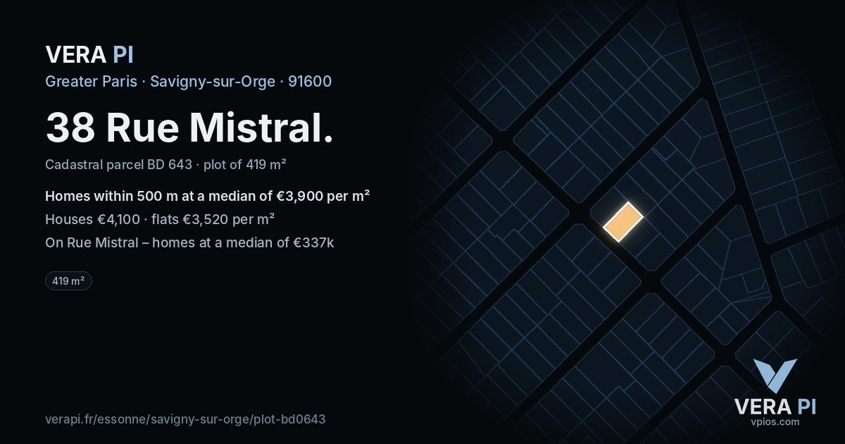 38 Rue Mistral, Savigny-sur-Orge at night – the plot lit, the parcels around coloured by the prices near them