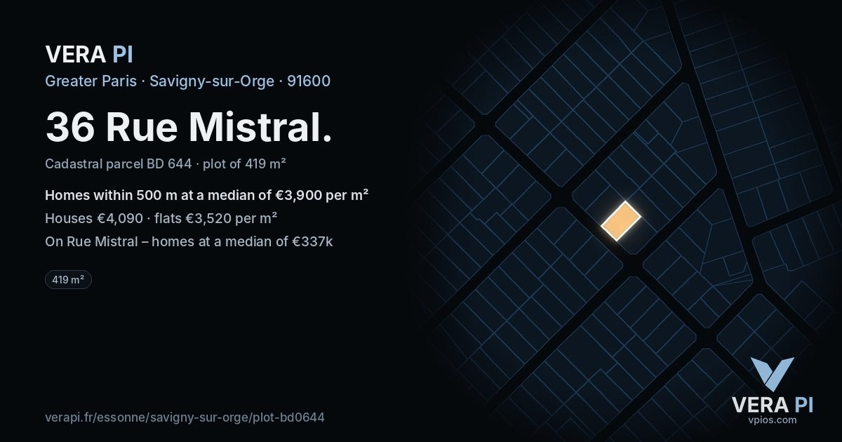 36 Rue Mistral, Savigny-sur-Orge at night – the plot lit, the parcels around coloured by the prices near them