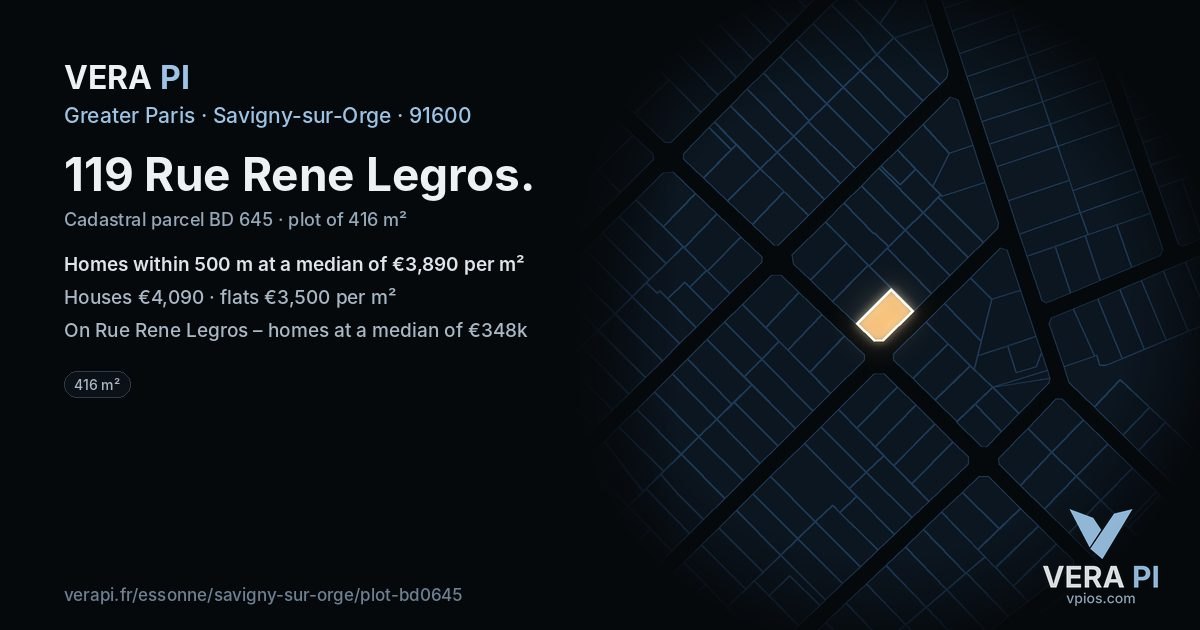 119 Rue Rene Legros, Savigny-sur-Orge at night – the plot lit, the parcels around coloured by the prices near them