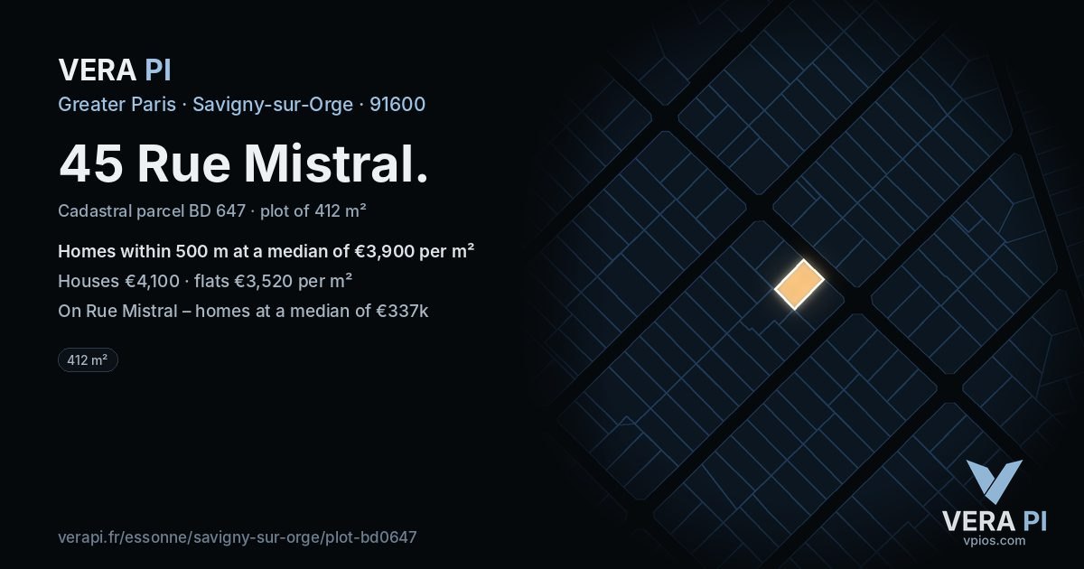 45 Rue Mistral, Savigny-sur-Orge at night – the plot lit, the parcels around coloured by the prices near them