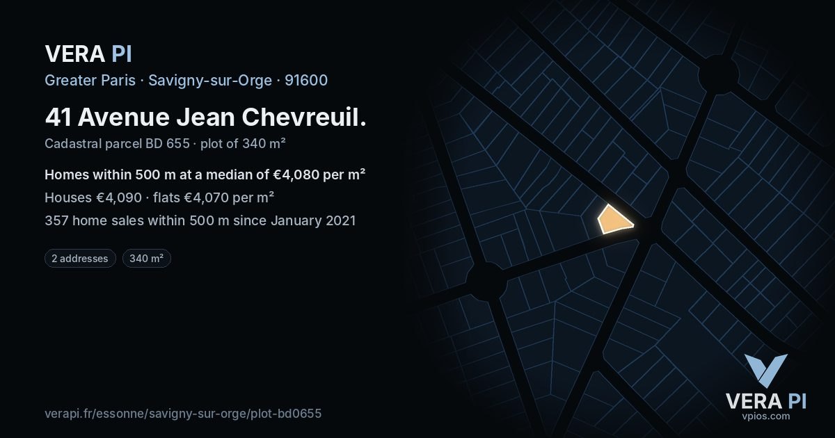 41 Avenue Jean Chevreuil, Savigny-sur-Orge at night – the plot lit, the parcels around coloured by the prices near them