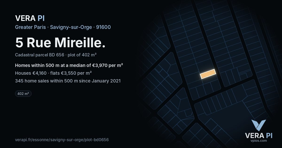 5 Rue Mireille, Savigny-sur-Orge at night – the plot lit, the parcels around coloured by the prices near them