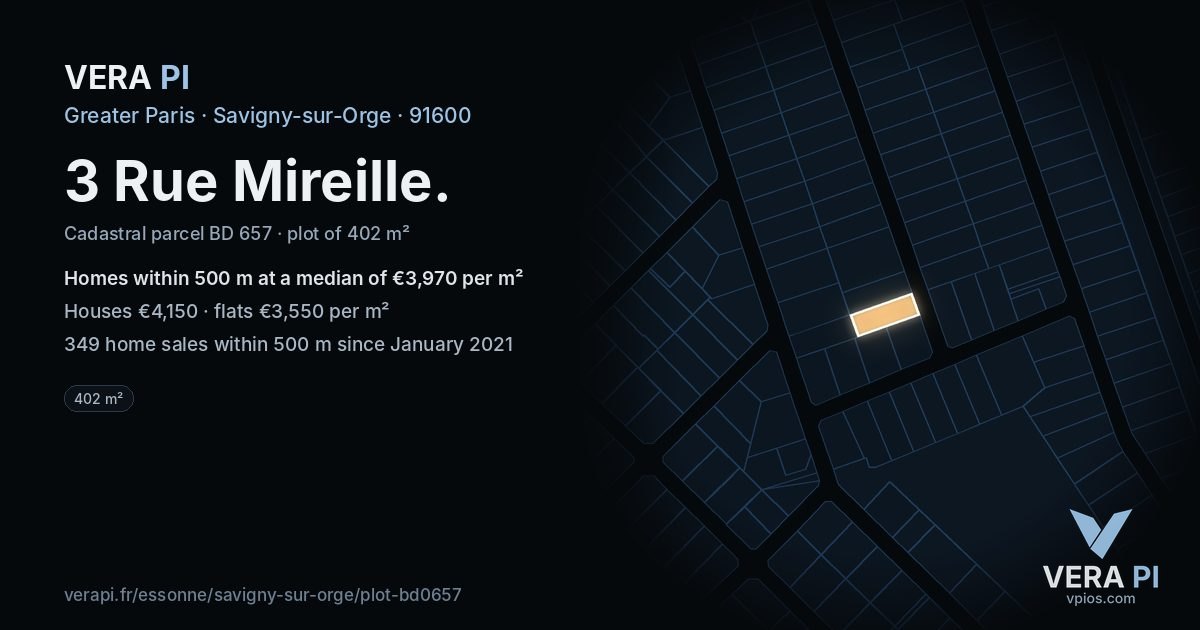 3 Rue Mireille, Savigny-sur-Orge at night – the plot lit, the parcels around coloured by the prices near them