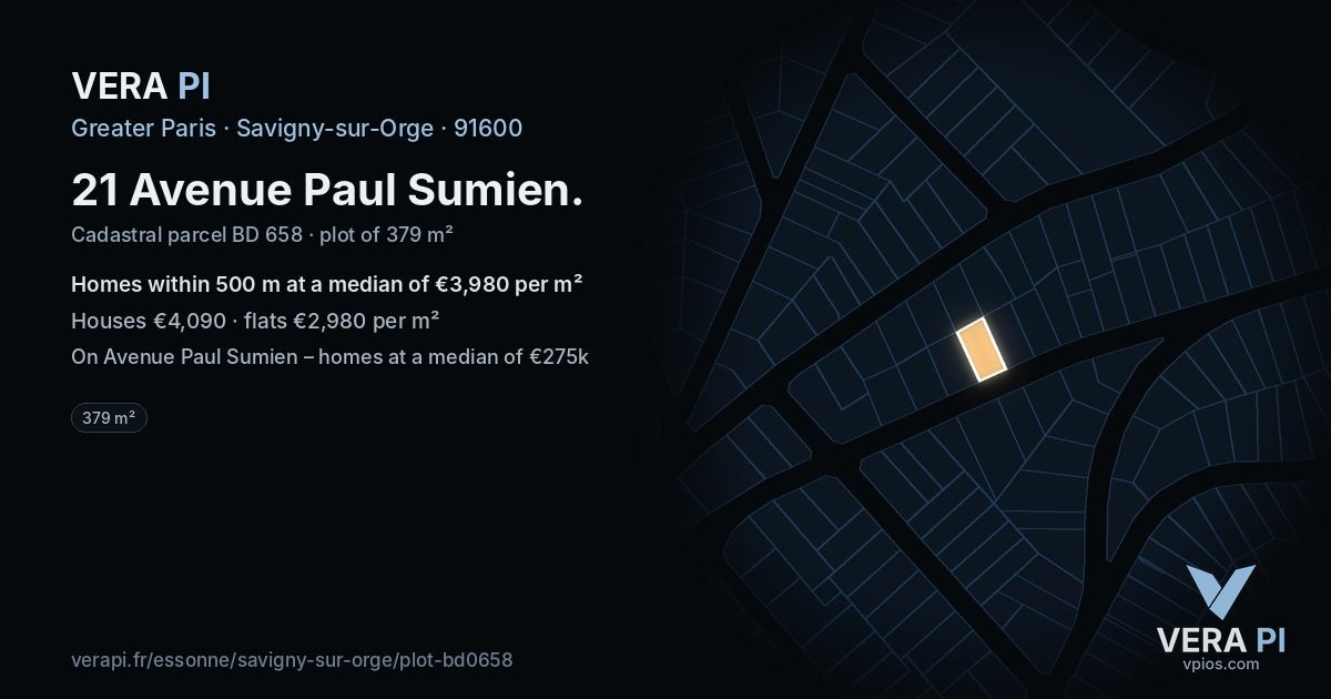 21 Avenue Paul Sumien, Savigny-sur-Orge at night – the plot lit, the parcels around coloured by the prices near them