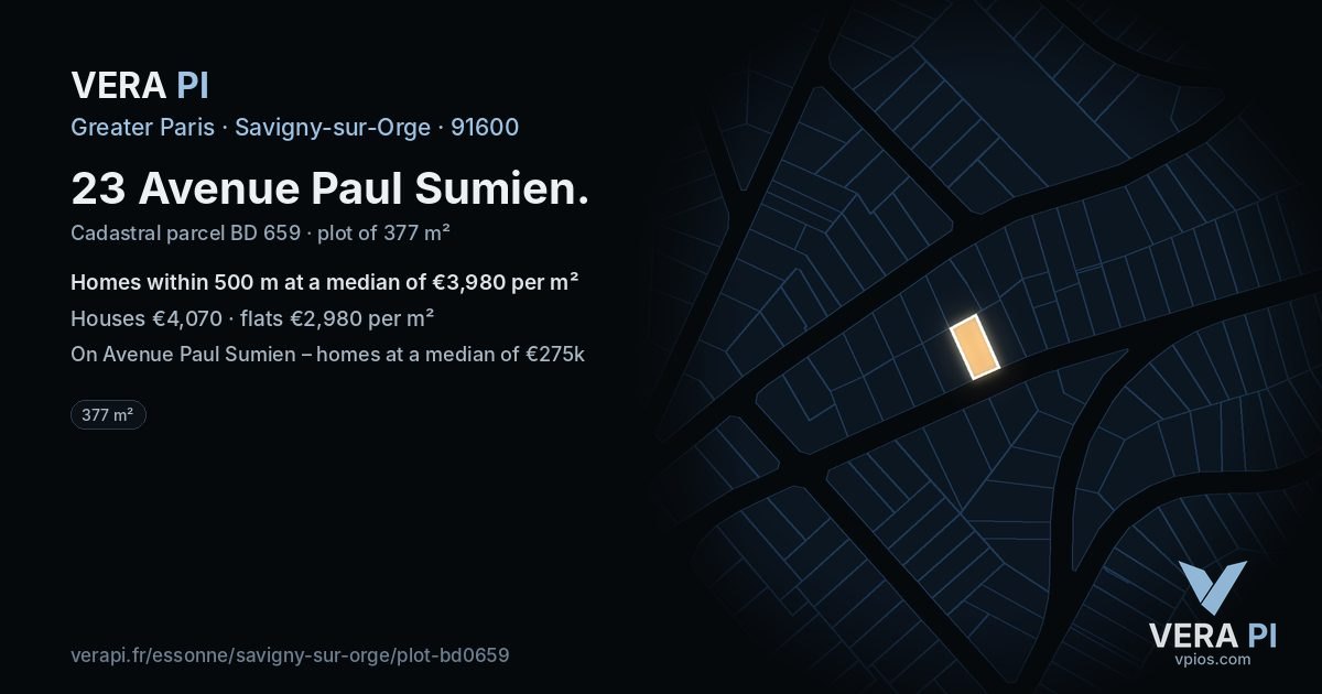 23 Avenue Paul Sumien, Savigny-sur-Orge at night – the plot lit, the parcels around coloured by the prices near them