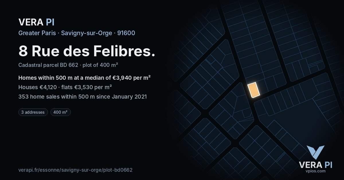 8 Rue des Felibres, Savigny-sur-Orge at night – the plot lit, the parcels around coloured by the prices near them