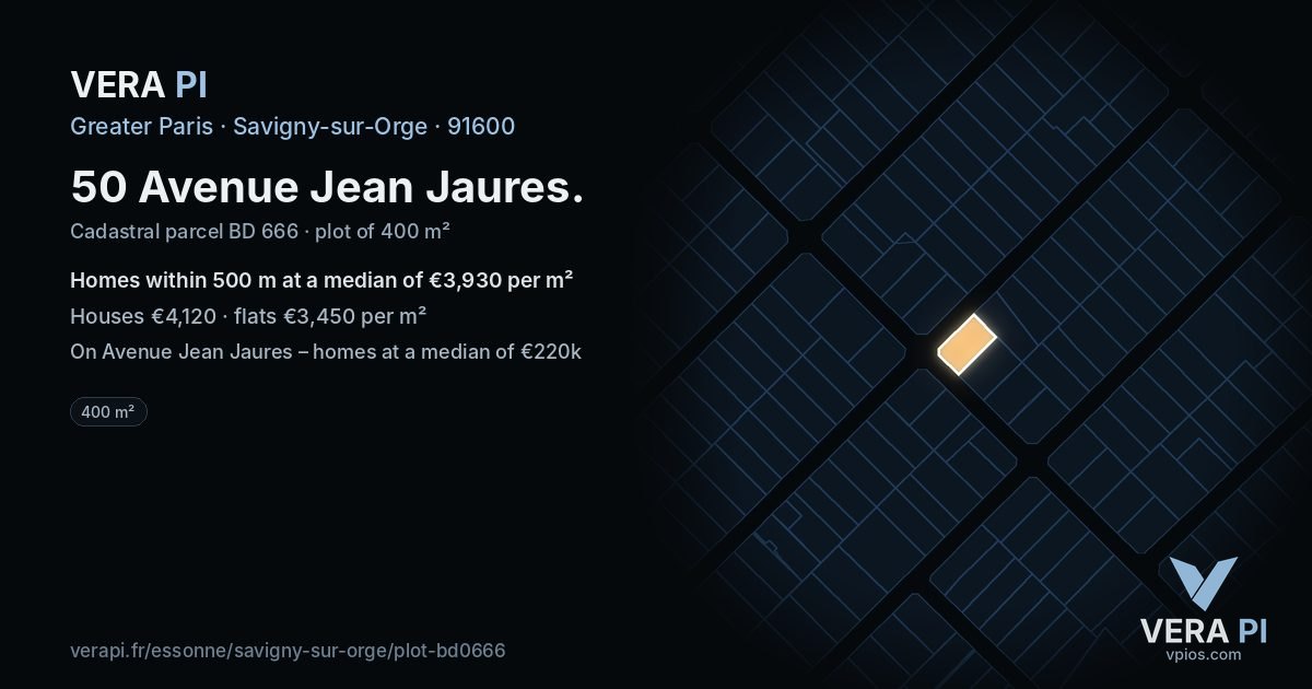 50 Avenue Jean Jaures, Savigny-sur-Orge at night – the plot lit, the parcels around coloured by the prices near them