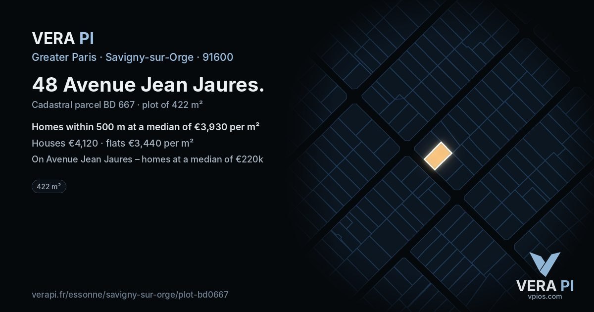 48 Avenue Jean Jaures, Savigny-sur-Orge at night – the plot lit, the parcels around coloured by the prices near them