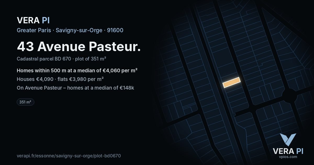 43 Avenue Pasteur, Savigny-sur-Orge at night – the plot lit, the parcels around coloured by the prices near them