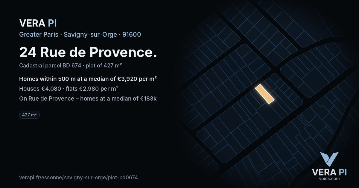 24 Rue de Provence, Savigny-sur-Orge at night – the plot lit, the parcels around coloured by the prices near them