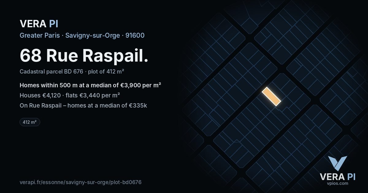 68 Rue Raspail, Savigny-sur-Orge at night – the plot lit, the parcels around coloured by the prices near them
