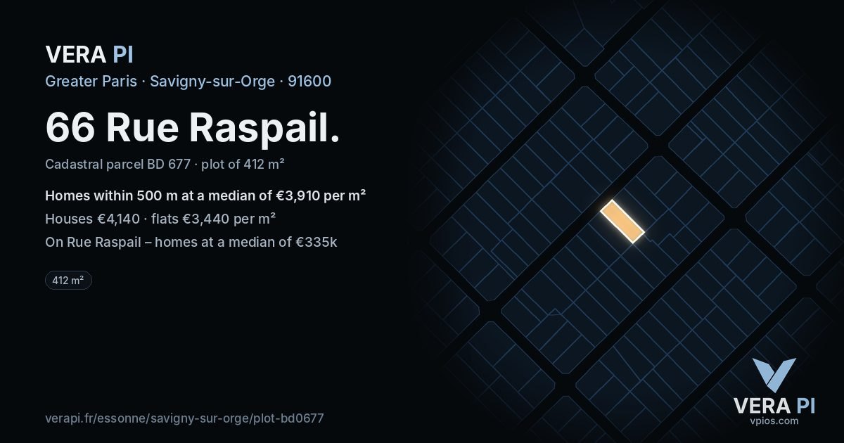66 Rue Raspail, Savigny-sur-Orge at night – the plot lit, the parcels around coloured by the prices near them
