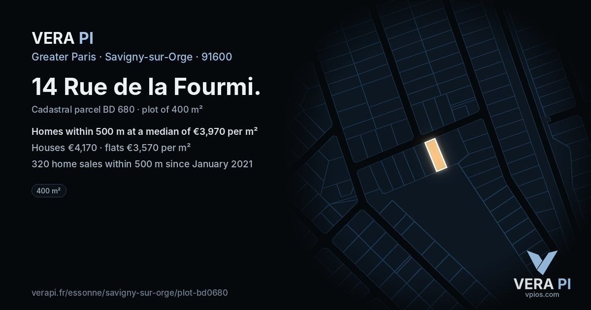 14 Rue de la Fourmi, Savigny-sur-Orge at night – the plot lit, the parcels around coloured by the prices near them