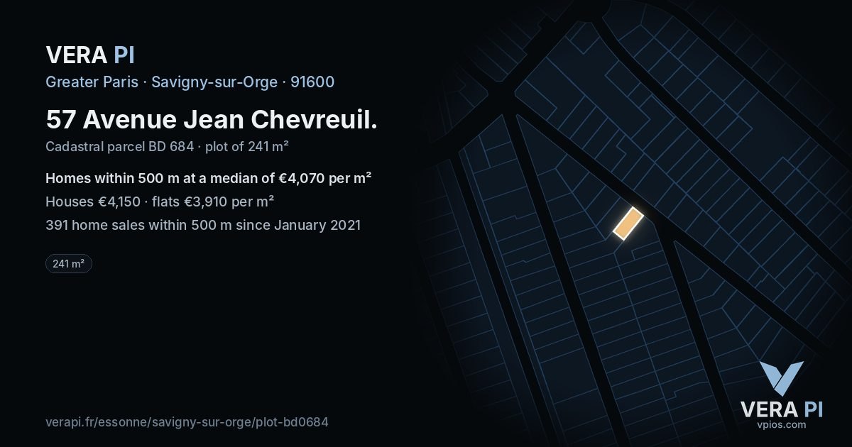 57 Avenue Jean Chevreuil, Savigny-sur-Orge at night – the plot lit, the parcels around coloured by the prices near them