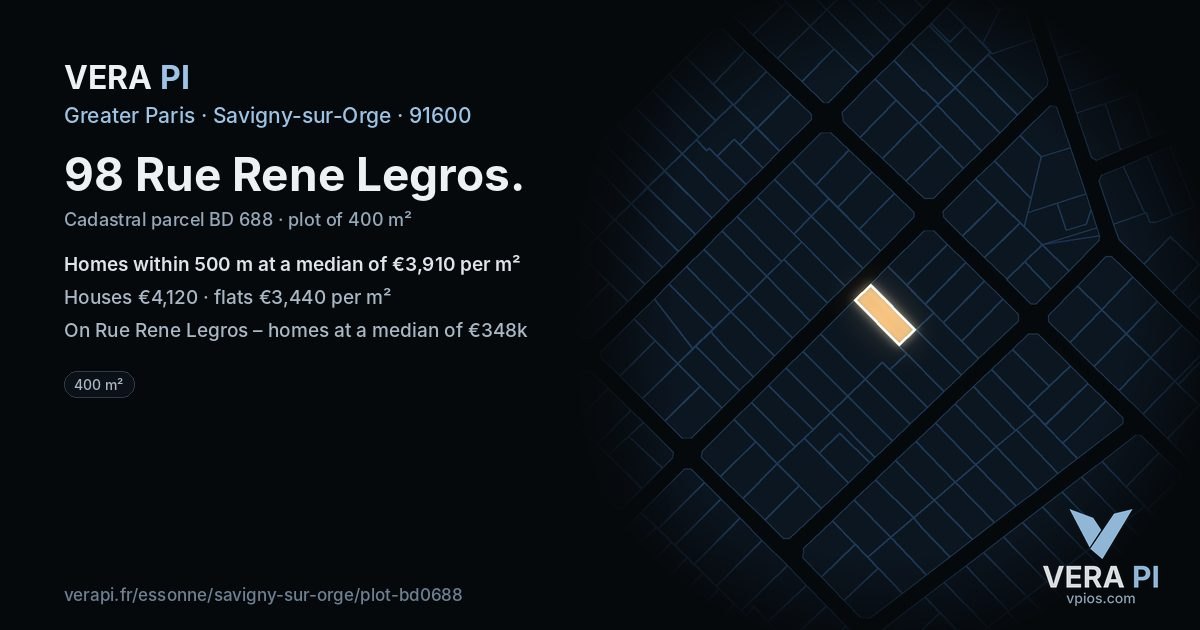 98 Rue Rene Legros, Savigny-sur-Orge at night – the plot lit, the parcels around coloured by the prices near them