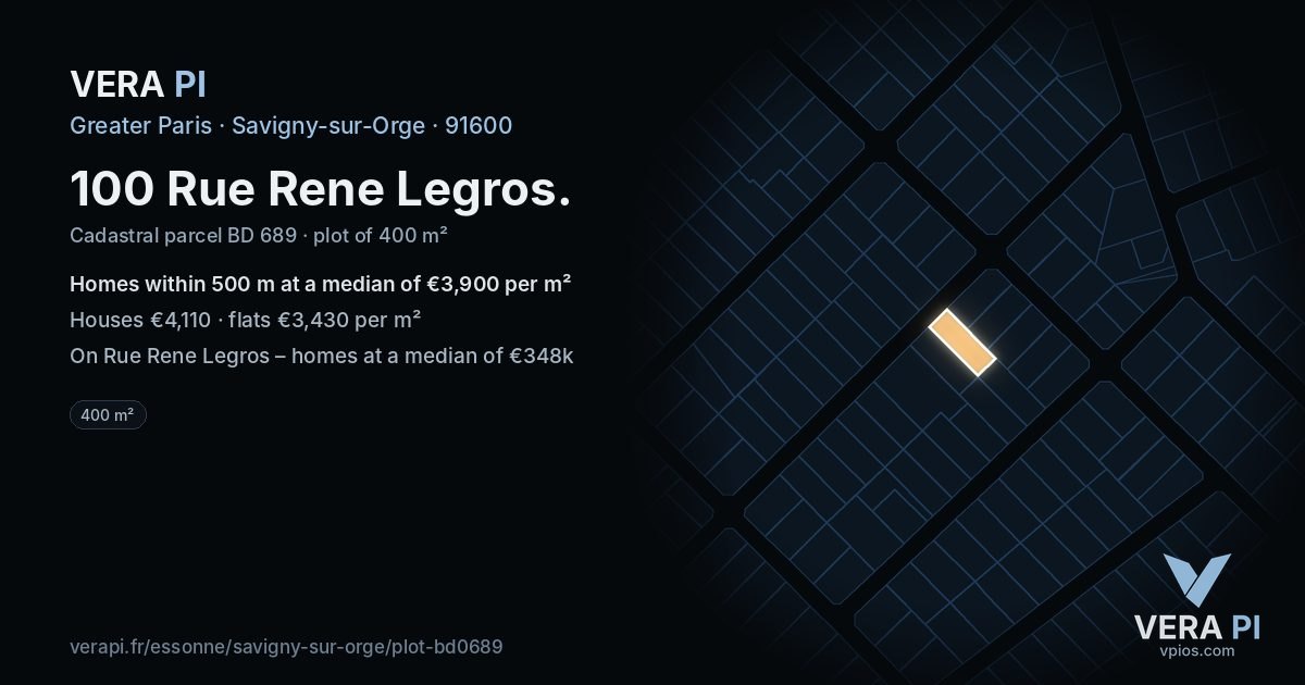 100 Rue Rene Legros, Savigny-sur-Orge at night – the plot lit, the parcels around coloured by the prices near them