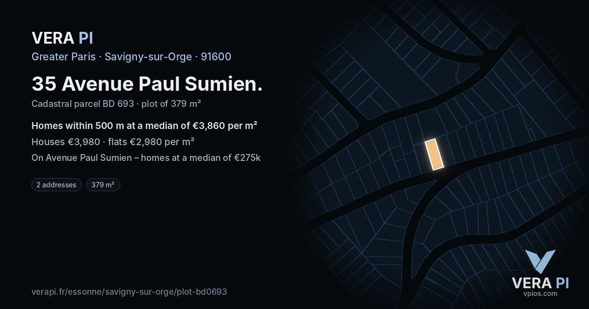 35 Avenue Paul Sumien, Savigny-sur-Orge at night – the plot lit, the parcels around coloured by the prices near them