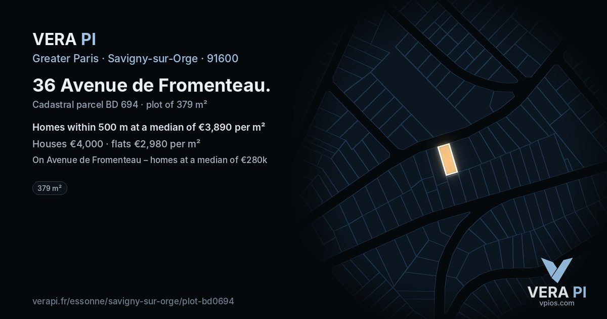36 Avenue de Fromenteau, Savigny-sur-Orge at night – the plot lit, the parcels around coloured by the prices near them