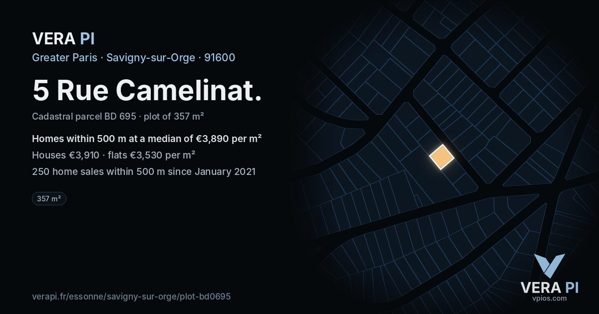 5 Rue Camelinat, Savigny-sur-Orge at night – the plot lit, the parcels around coloured by the prices near them