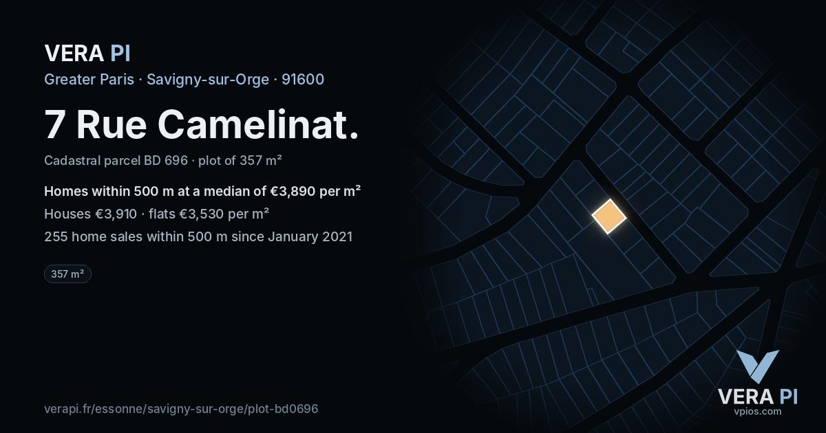 7 Rue Camelinat, Savigny-sur-Orge at night – the plot lit, the parcels around coloured by the prices near them