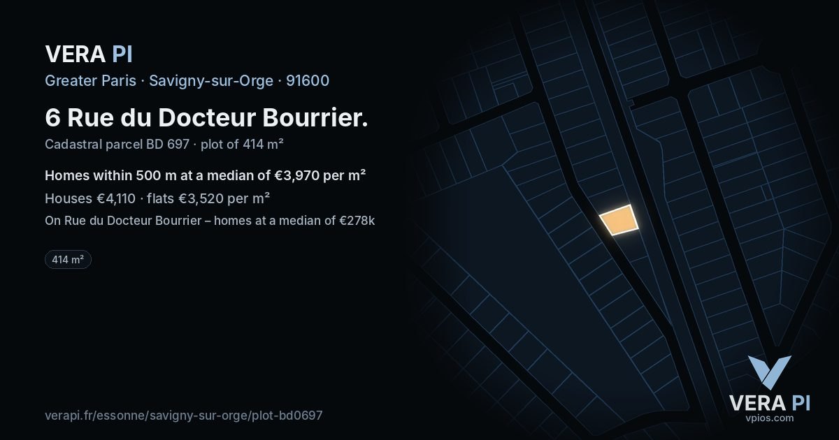 6 Rue du Docteur Bourrier, Savigny-sur-Orge at night – the plot lit, the parcels around coloured by the prices near them