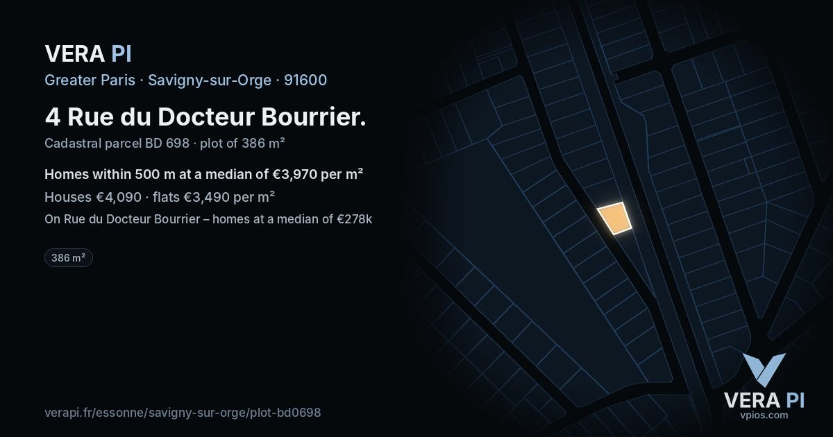 4 Rue du Docteur Bourrier, Savigny-sur-Orge at night – the plot lit, the parcels around coloured by the prices near them