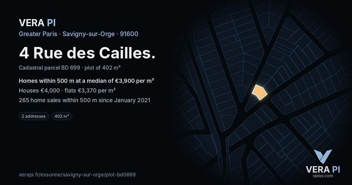 4 Rue des Cailles, Savigny-sur-Orge at night – the plot lit, the parcels around coloured by the prices near them
