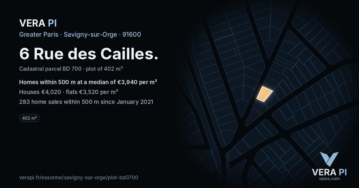 6 Rue des Cailles, Savigny-sur-Orge at night – the plot lit, the parcels around coloured by the prices near them