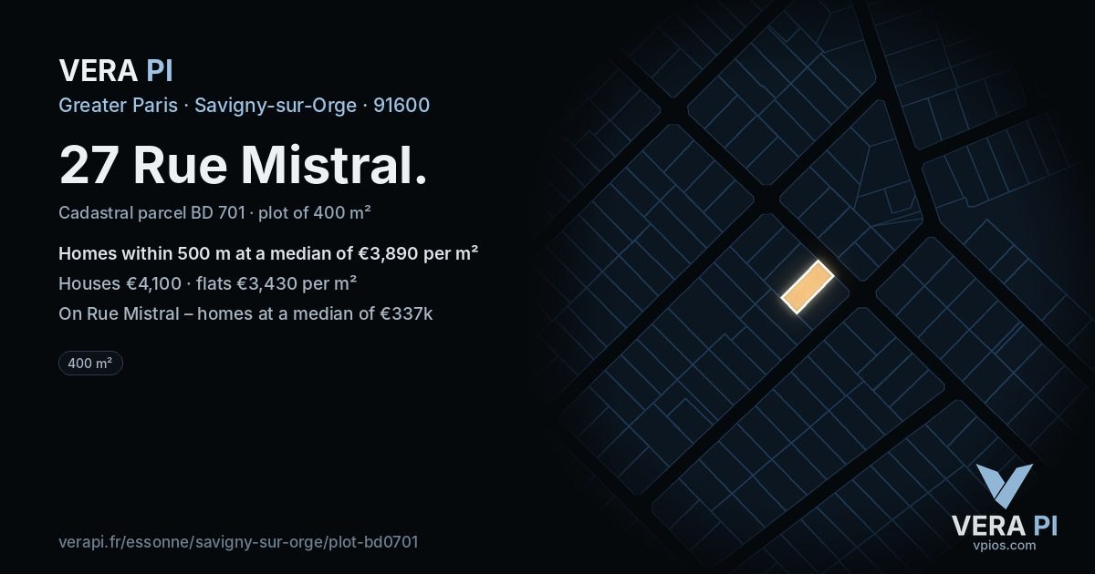 27 Rue Mistral, Savigny-sur-Orge at night – the plot lit, the parcels around coloured by the prices near them