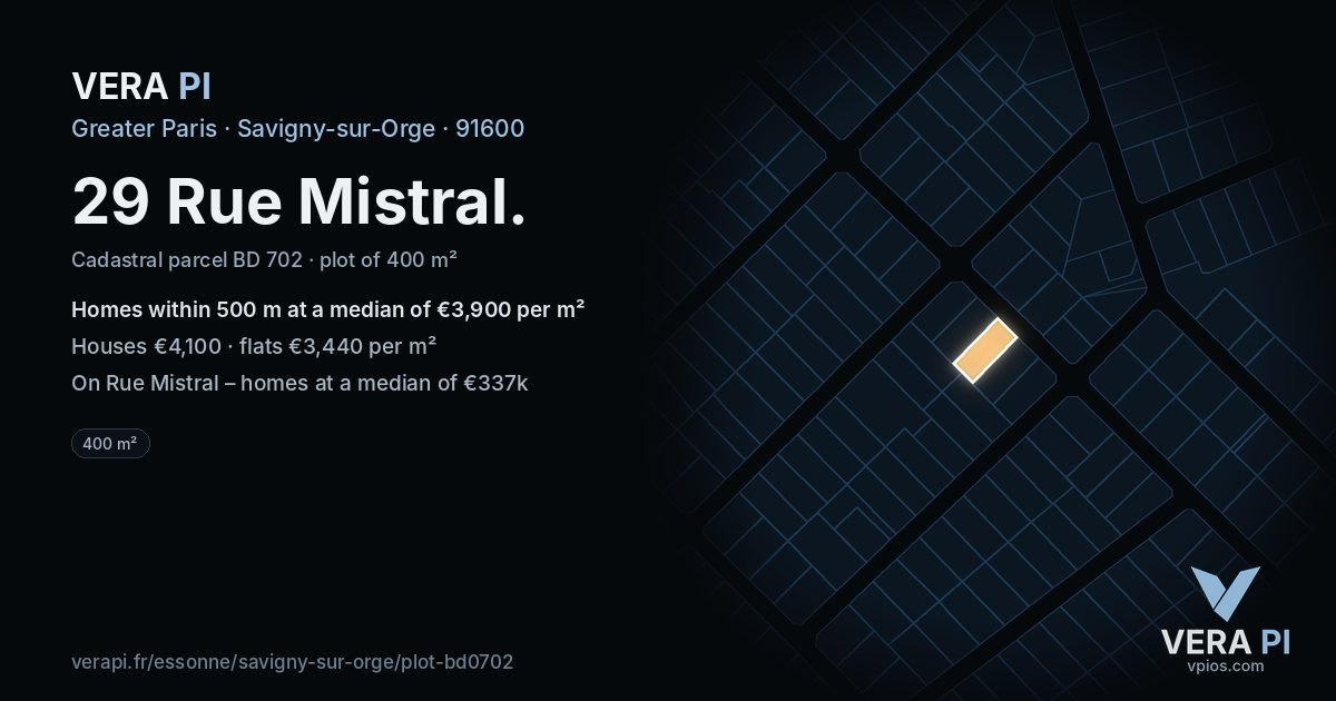 29 Rue Mistral, Savigny-sur-Orge at night – the plot lit, the parcels around coloured by the prices near them