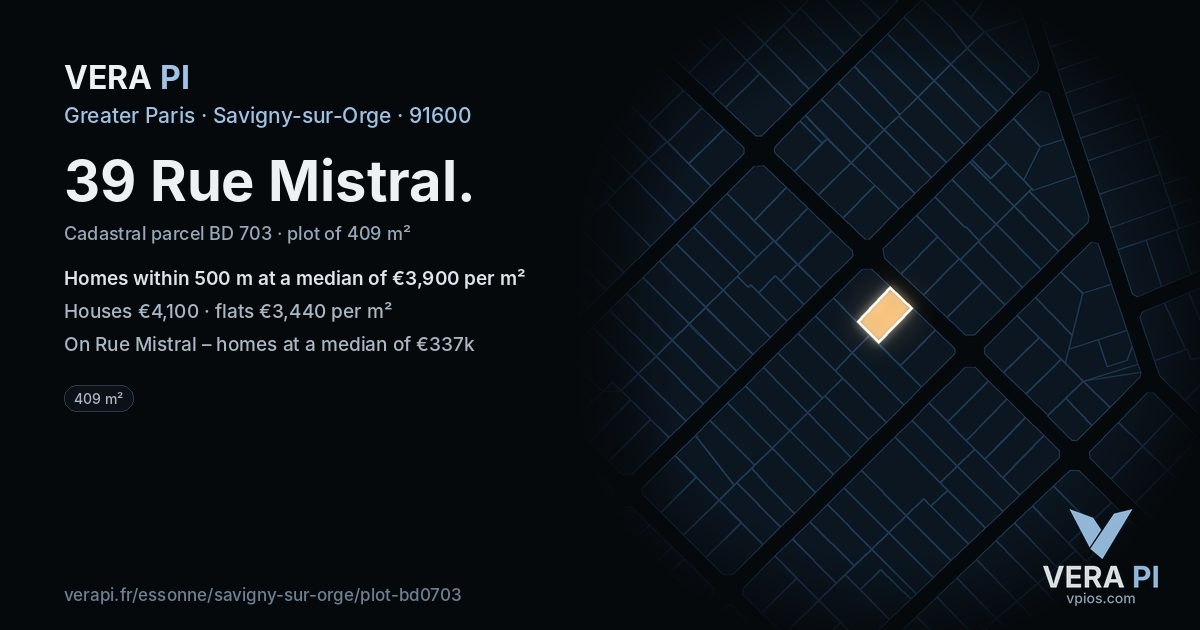 39 Rue Mistral, Savigny-sur-Orge at night – the plot lit, the parcels around coloured by the prices near them
