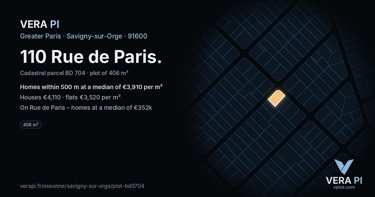 110 Rue de Paris, Savigny-sur-Orge at night – the plot lit, the parcels around coloured by the prices near them