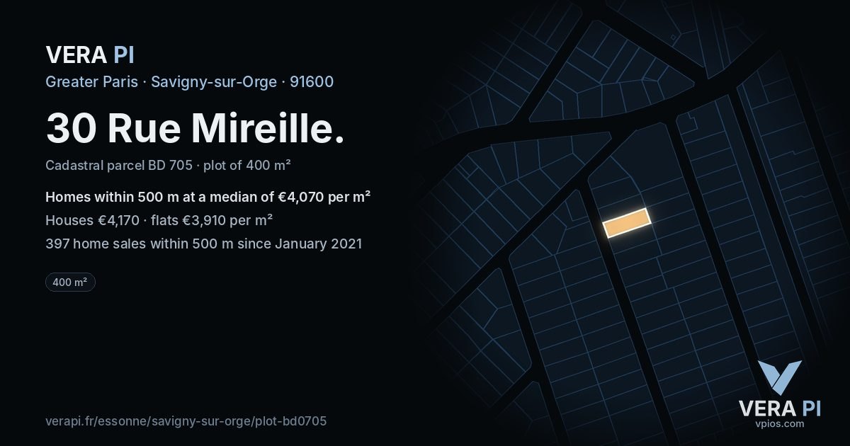 30 Rue Mireille, Savigny-sur-Orge at night – the plot lit, the parcels around coloured by the prices near them