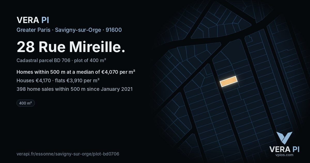 28 Rue Mireille, Savigny-sur-Orge at night – the plot lit, the parcels around coloured by the prices near them